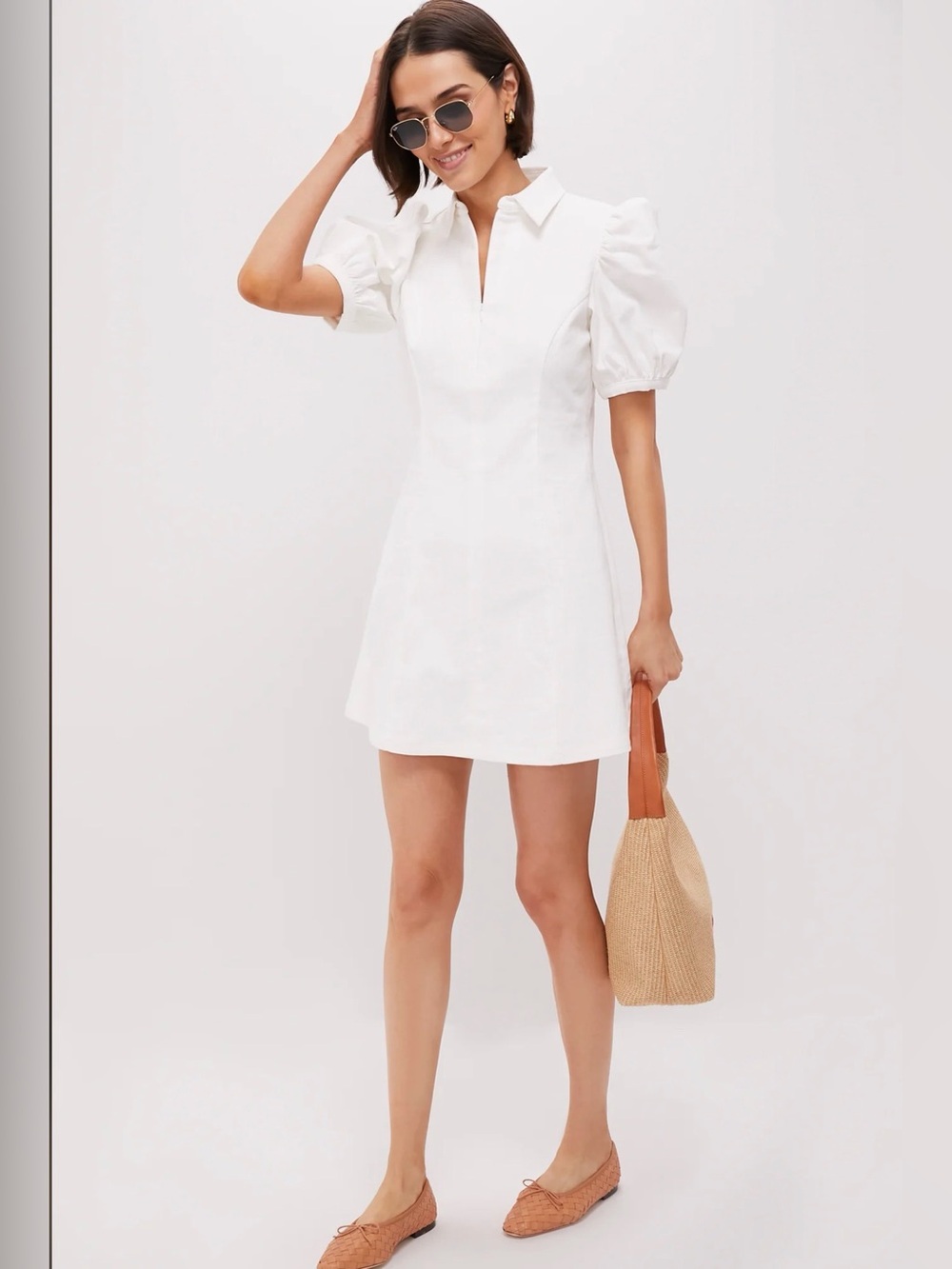 HYACINTH HOUSR Front Zip Denim Mini Dress Classic Puff-Sleeve White